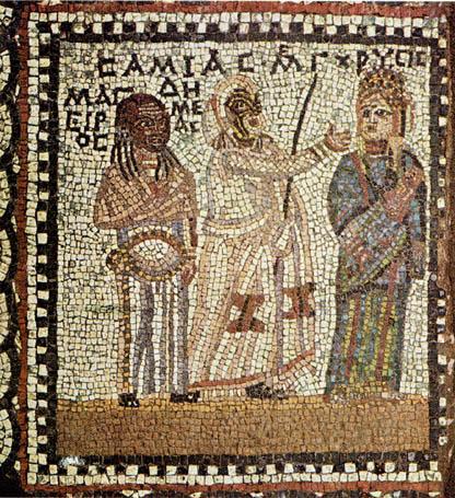 3rd c. AD mosaic panel from the House of Menander in Mytilene, Lesbos, showing a scene from the 3rd act of Menander's Samia (Girl from Samos). W.G. Arnott, Menander vol. 3 (Loeb), p. 4-5: The scene ... portrays the moment when Demeas expels Chrysis and the baby from his house before the apparently puzzled gaze of the cook (cf. lines 369ff. of the play). Demeas ... wears a long cloak decorated with double-axe motifs; his left hand holds a stick and his right arm is raised aggressively in the direction of Chrysis ... who stands on his right. She is richly attired in atunic and gown of many colours, nestles the baby in her left arm and looks slightly to her left. On Demeas' left stands the cook (Mageiros inscribed on his left), portrayed with a remarkably dark face and four dreadlocks on each side dropping over his shoulders. Demeas' age is emphasised by white hair and beard and wrinkles on his face. Standard ed.: S. Charitonidis, L. Kahil, R. Ginouvs, Les Mosaques de la Maison du Mnandre  Mytilene (Antike Kunst, Beiheft 6, Berne 1970), 38-41 and colour plate 4. TBL Webster, Monuments Illustrating New Comedy (3rd ed. revised and enlarged by J.R. Green and A. Seeberg, London 1995), I.93 (XZ 31) and II.469 (6DM 2.2); L. Berczelly, BICS 35 (1988) 119-27.